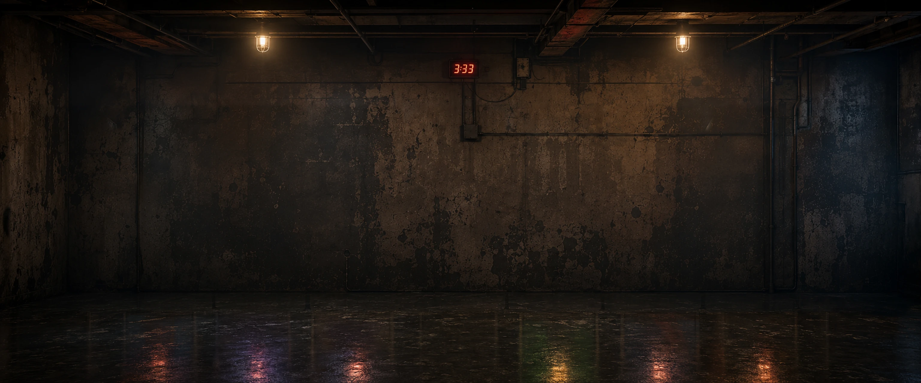 A dim concrete basement with nine arcade cabinets in a row
