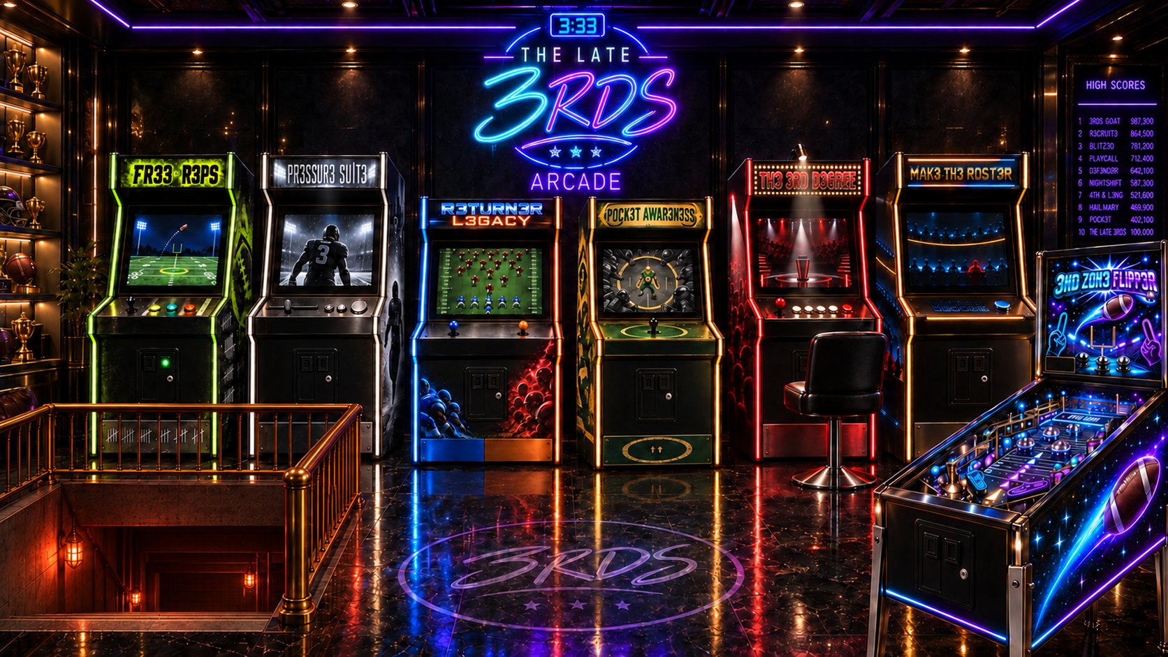The Late 3RDS arcade: six cabinets along the back wall and a pinball machine in the foreground
