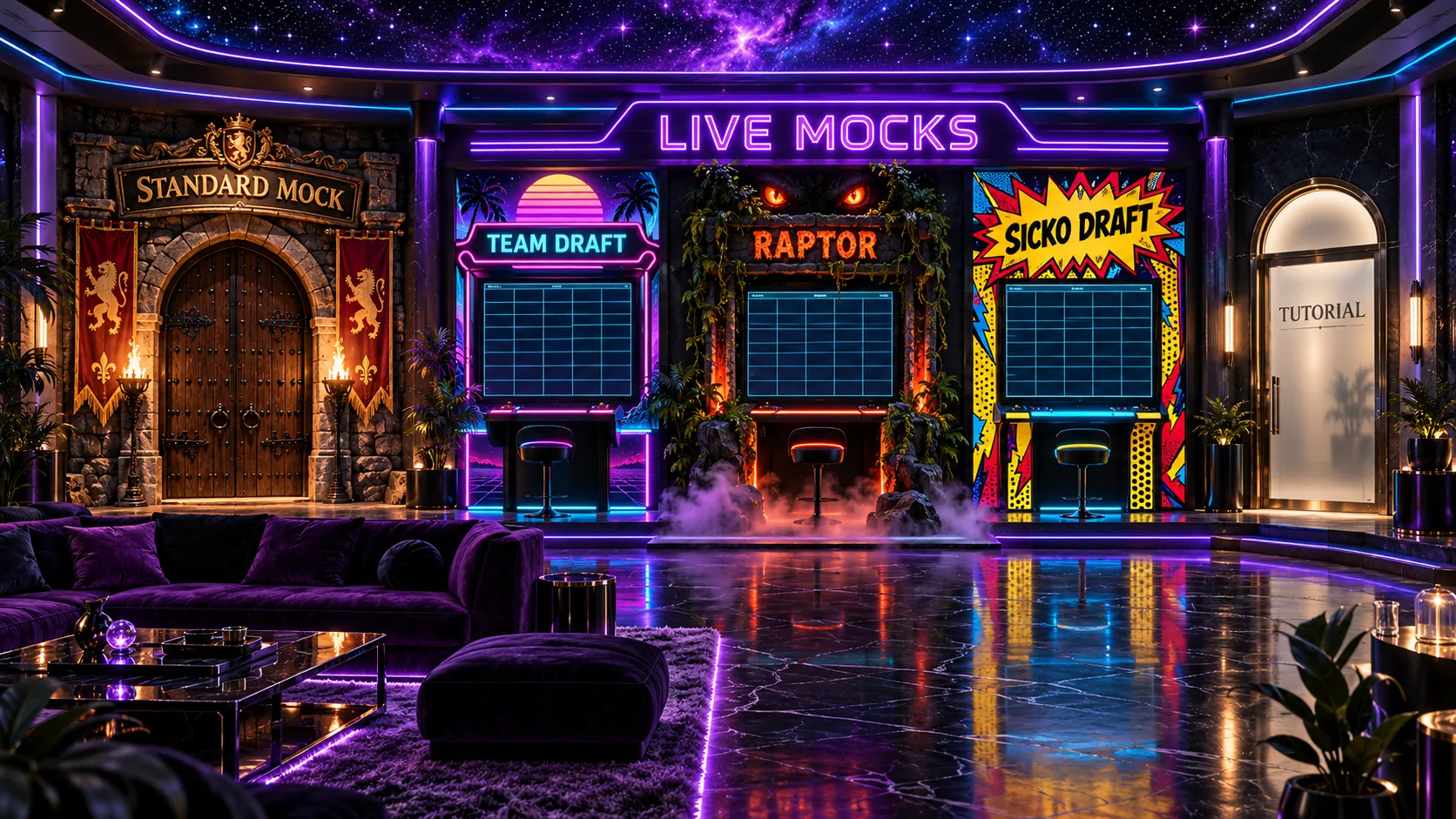 The Late 3RDS Live Mocks room: the Standard Mock door, the three live stations (Team Draft, Raptor, Sicko Draft) and the Tutorial.