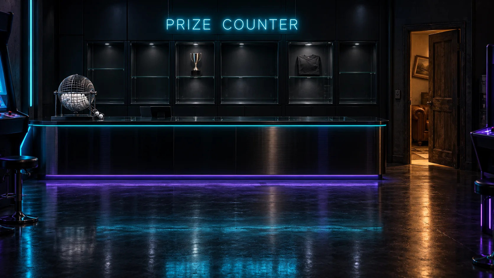 The 3RDS Prize Counter at night: the raffle cage on the counter, glass cases behind it, and the back office door left open.