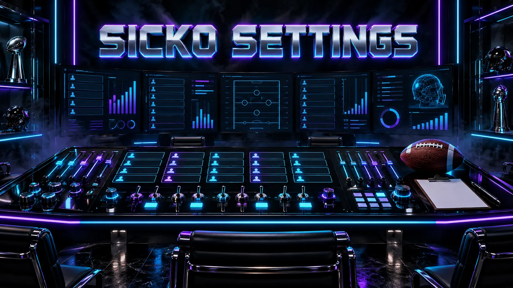 Sicko Settings: a dark control room with a settings console, five screens and a football on the desk