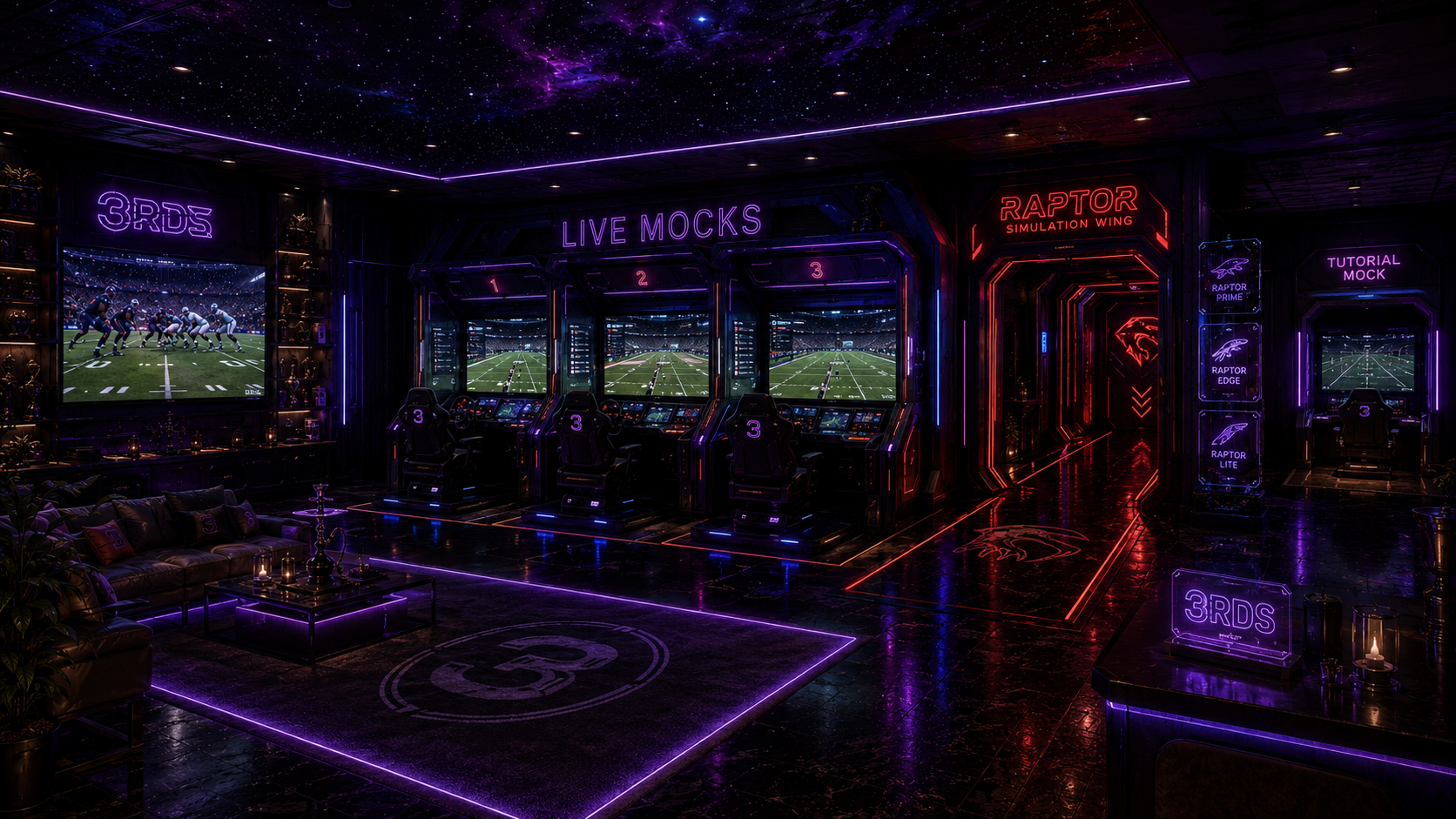 The Late 3RDS Live Mocks room with three live simulator stations, Teams, Raptor and Tutorial areas.