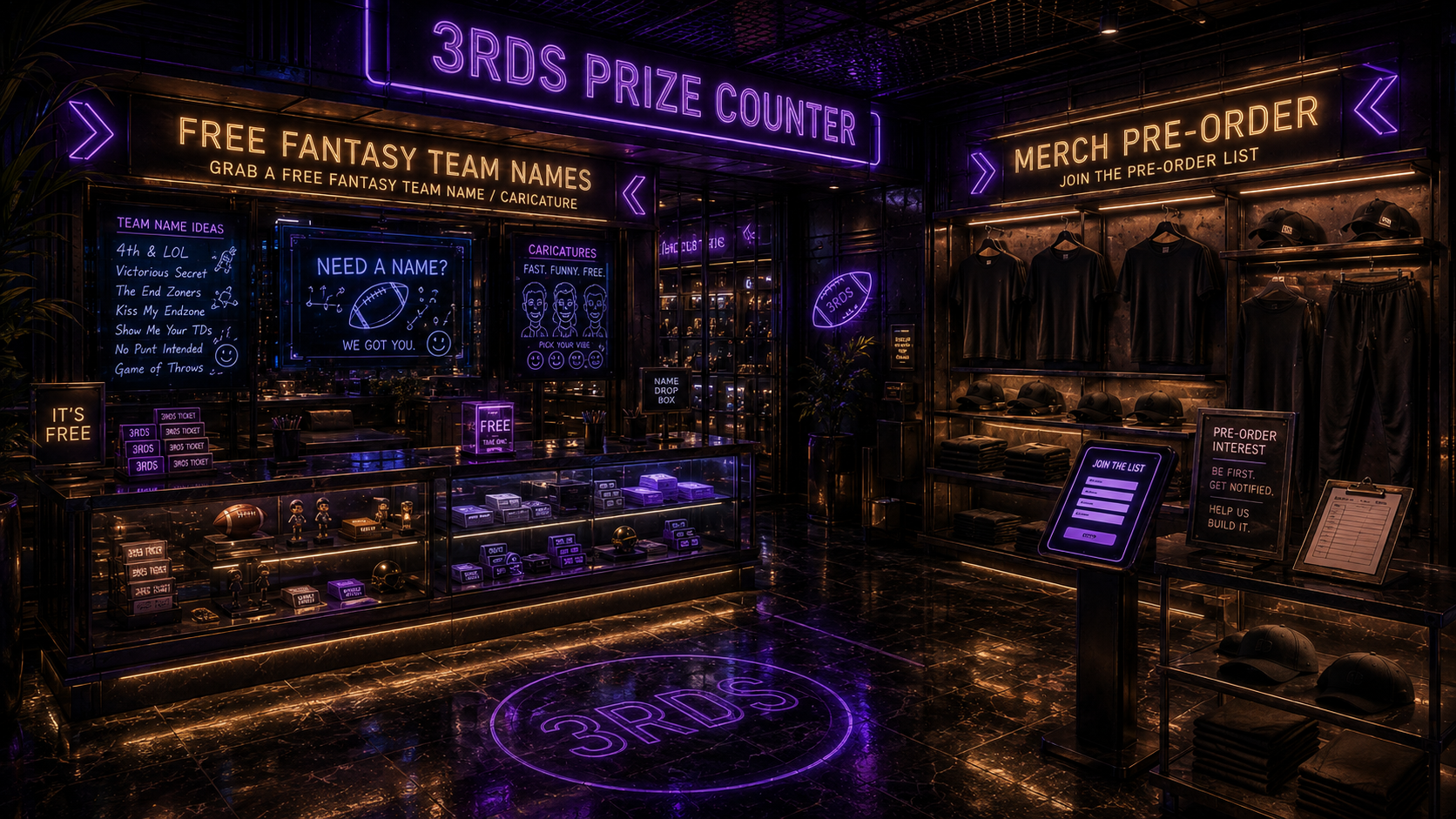 The Late 3RDS Prize Counter with the free fantasy team-name and caricature counter on the left and optional merch pre-order interest on the right.